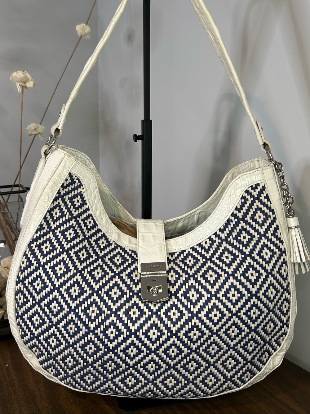 Brahmin Bethany Royal Palm Woven Hobo Ivory Navy Retired Shoulder Bag